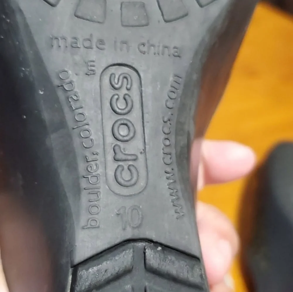 CROCS Women's Black and Gold Patterned Wedge Sandals Size 10